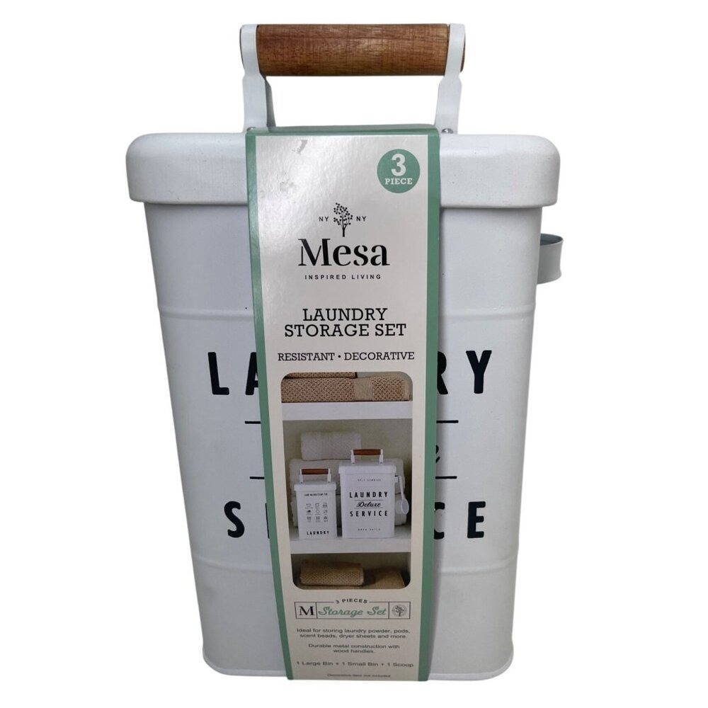 3-Piece Laundry‎ Storage Set With Large Bin Small Bin & Scoop Durable Metal With